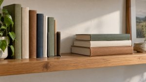Libros verticales y una pila corta sobre una balda