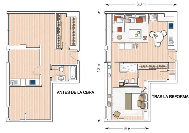 Planos de una remodelación de un apartamento de 53 m²